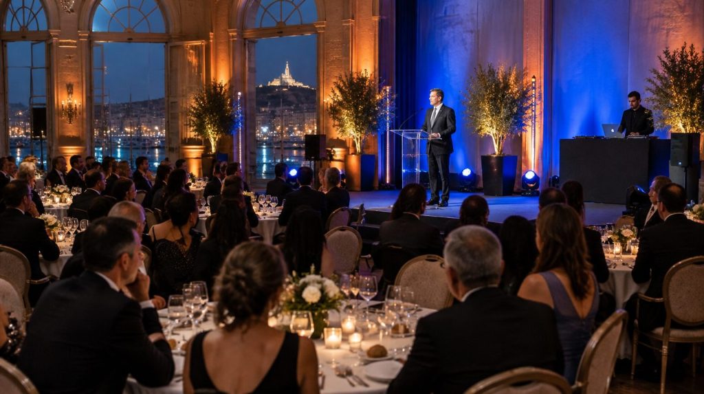 Soirée de gala d'entreprise avec scène, lumières et public qui danse